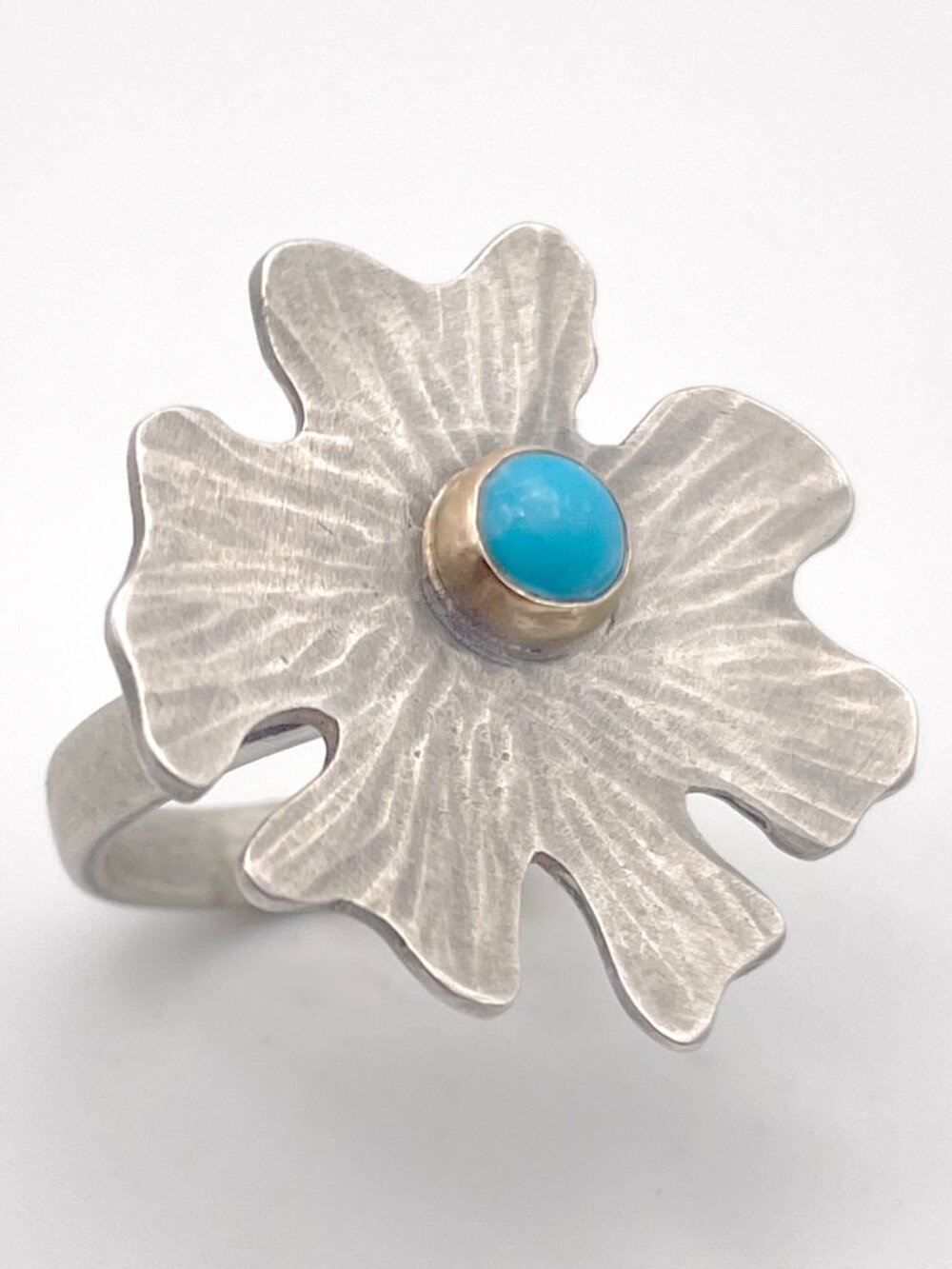 Sterling Silver 925 and 14k Gold Ring with Sleeping Beauty Turquoise, Size 6 1/2